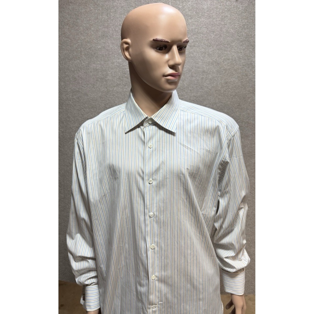 Ermenegildo Zegna Formal Men's Dress Shirt 44 17.5 Blue Gold Stripes Button Up